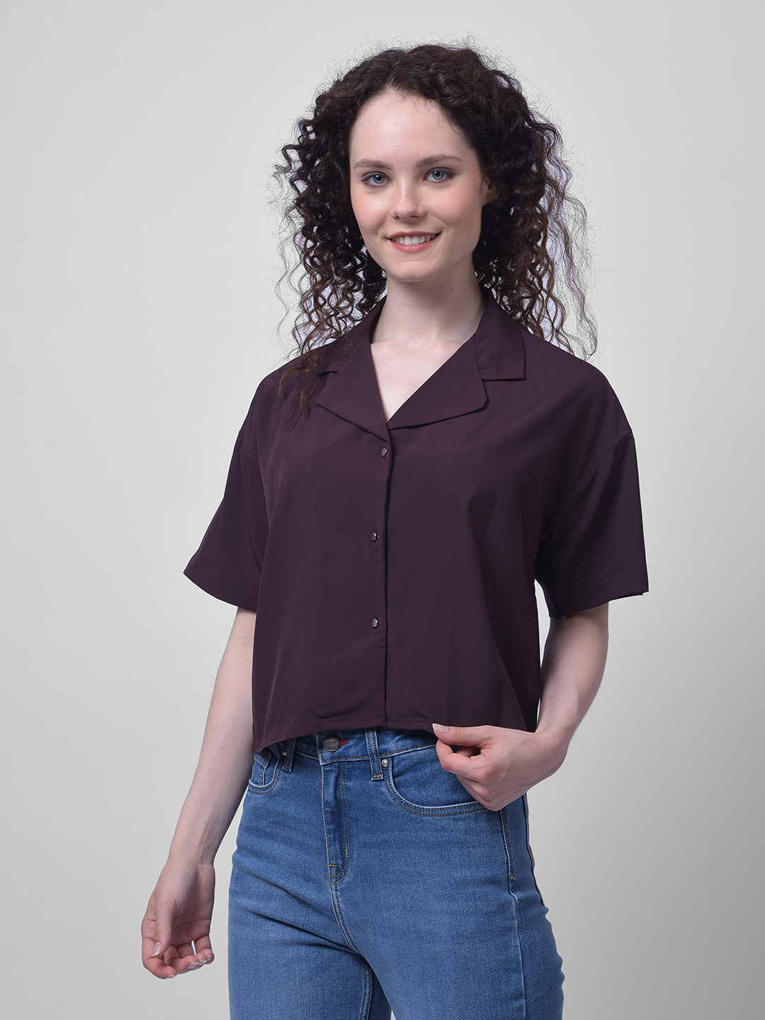 Numero Uno Women Purple Notch Collar Cropped Shirt